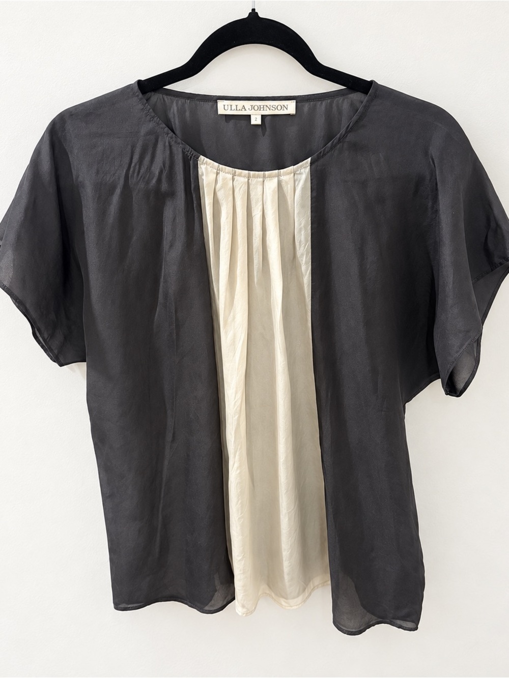 Ulla Johnson Silk Colorblock Pleated Blouse Charcoal Grey Cream XS Like New